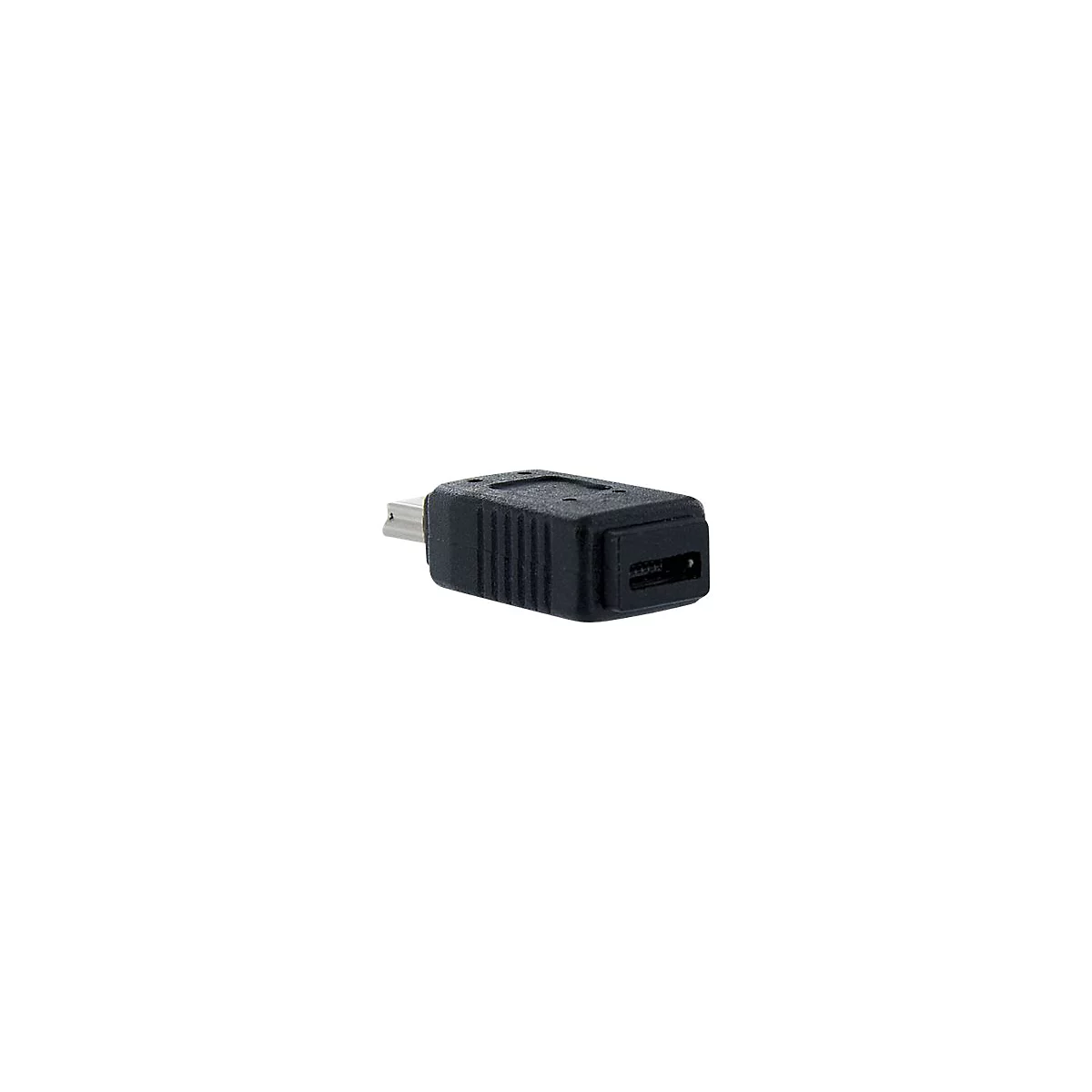 Adaptateur mini USB noir avec connecteur argenté sur fond blanc.