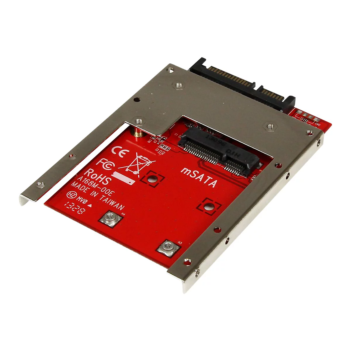 Carte de circuit imprimé rouge avec connecteurs, dans un cadre métallique. Inscriptions : mSATA, RoHS, A168M-00E, Made in Taiwan.