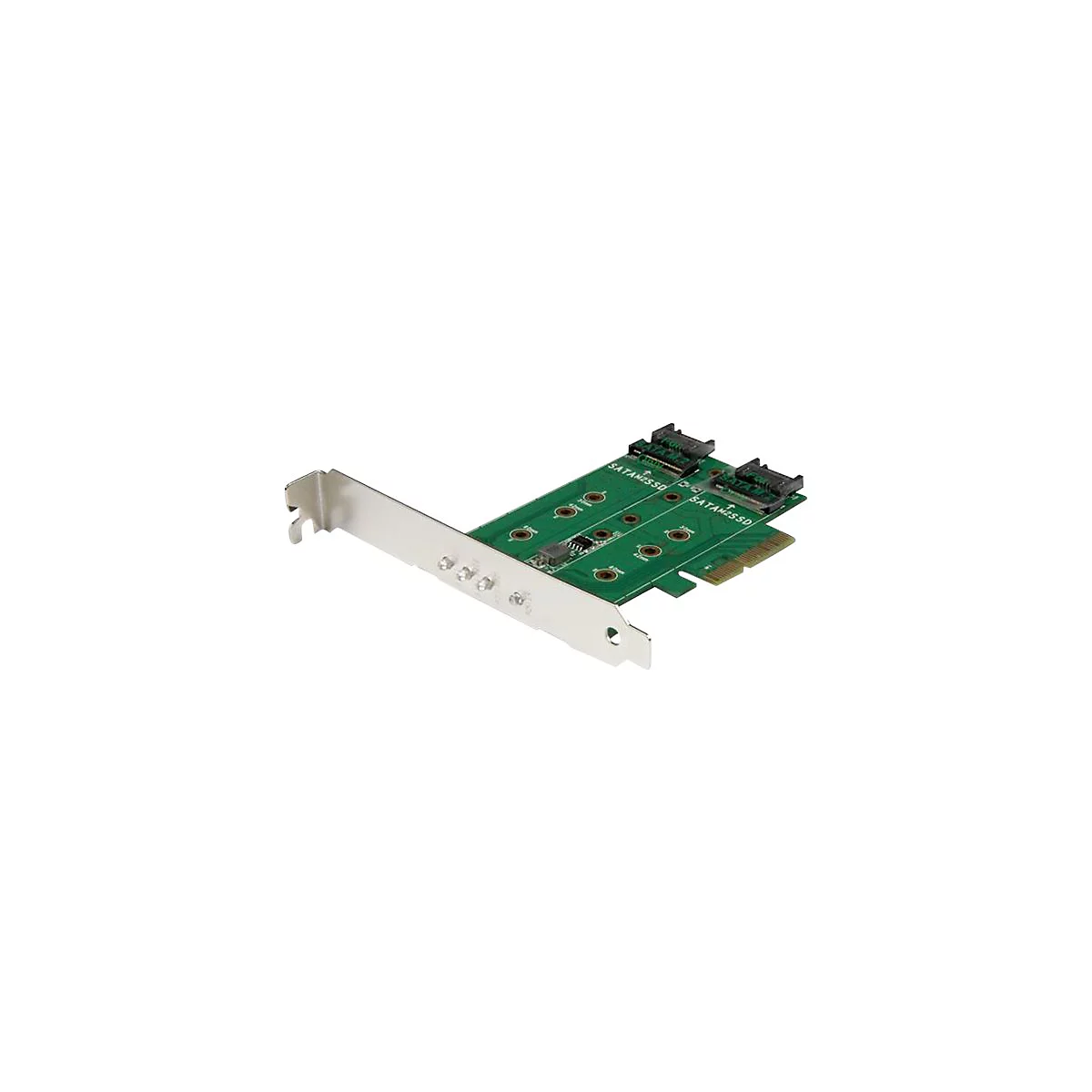 Carte PC verte avec connecteurs pour SSD SATA, sur fond clair. Étiquetage : SATAM2SSD.