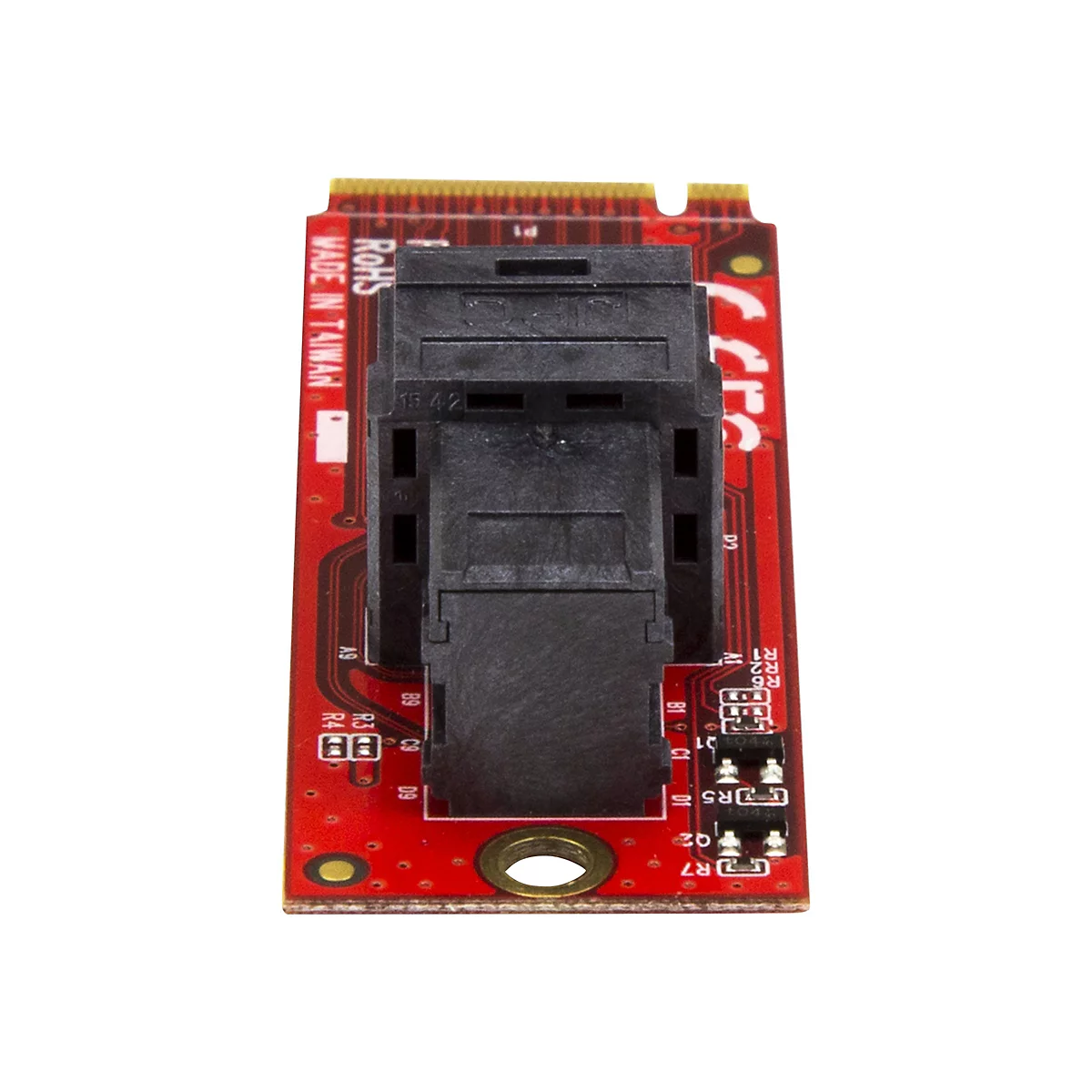 Un circuit imprimé rouge avec des connecteurs noirs et le texte "MADE IN TAIWAN".