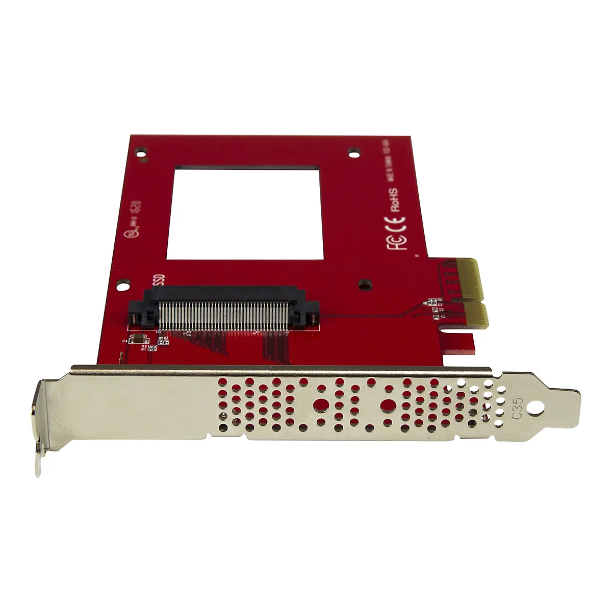 Carte SSD rouge, avec connecteurs et support métallique. Inscription : SSD, FCC, RoHS.