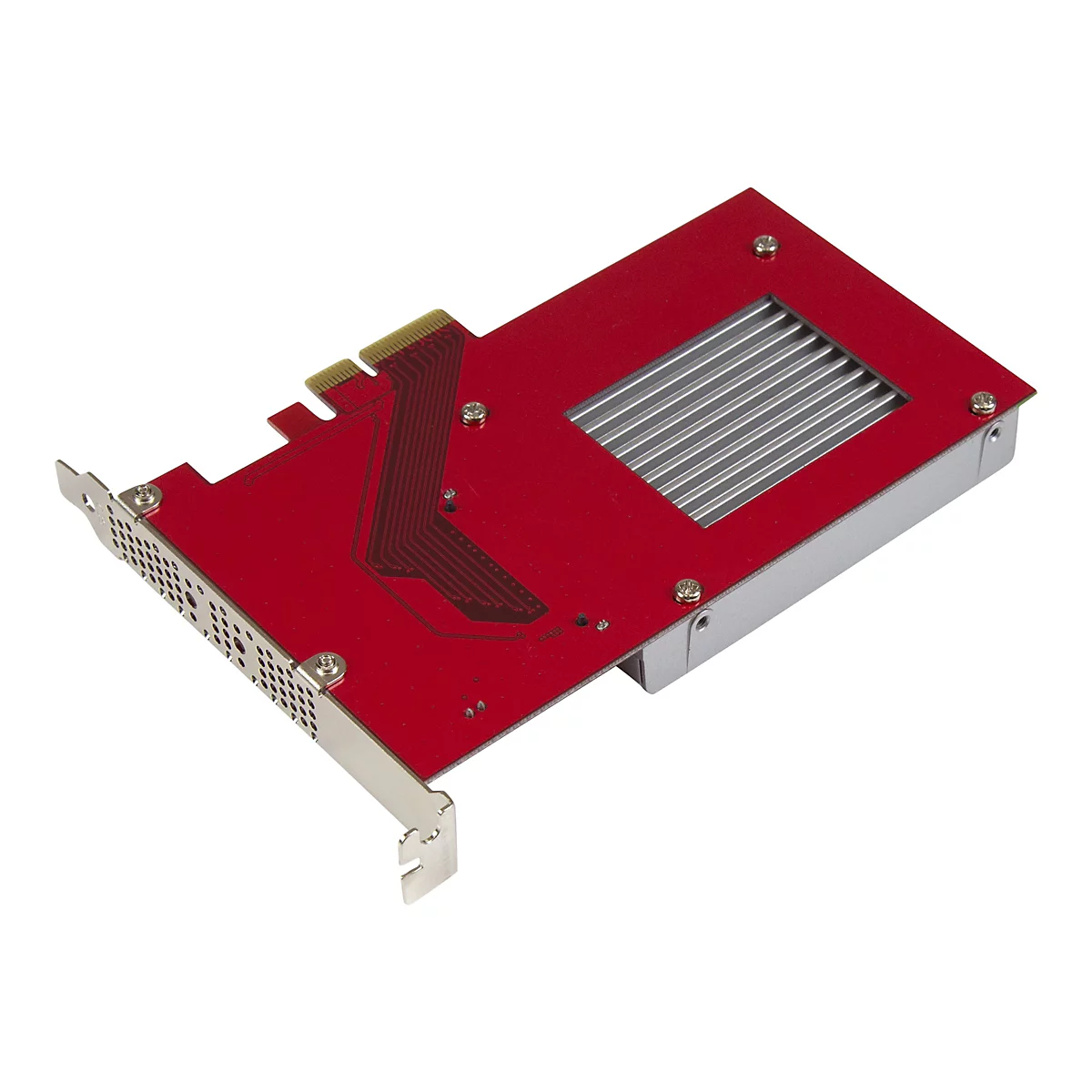 Une carte d'ordinateur rouge sur fond blanc. Avec dissipateur thermique et connecteur.