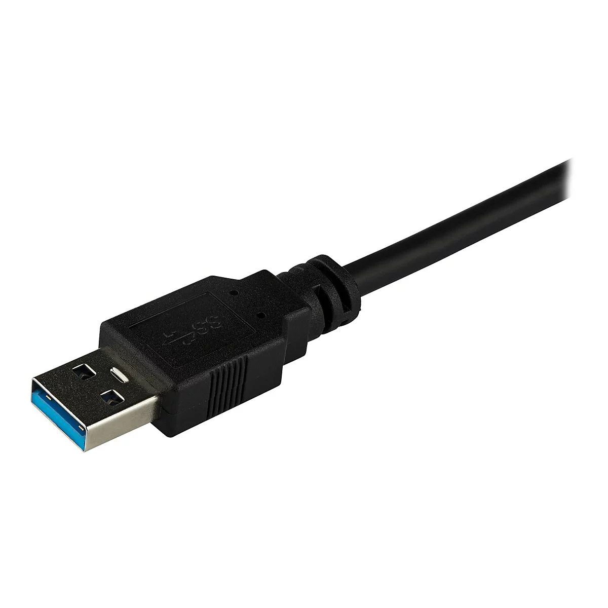 Câble USB 3.0 noir avec connecteur bleu, isolé sur fond blanc.