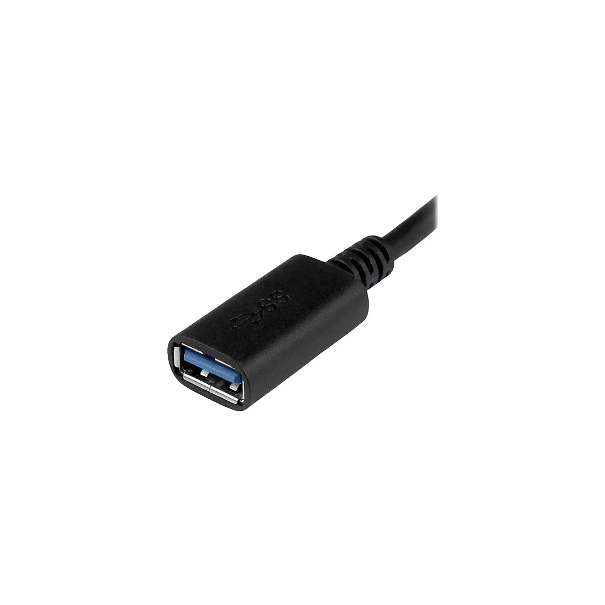 Gros plan d'un câble d'extension USB noir avec un intérieur bleu. Inscription : SS.