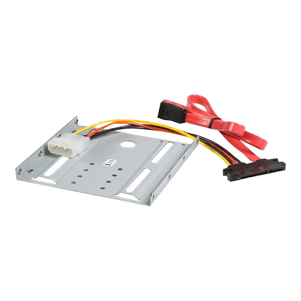 Ein grauer Festplattenrahmen mit Kabeln und rotem SATA-Kabel.