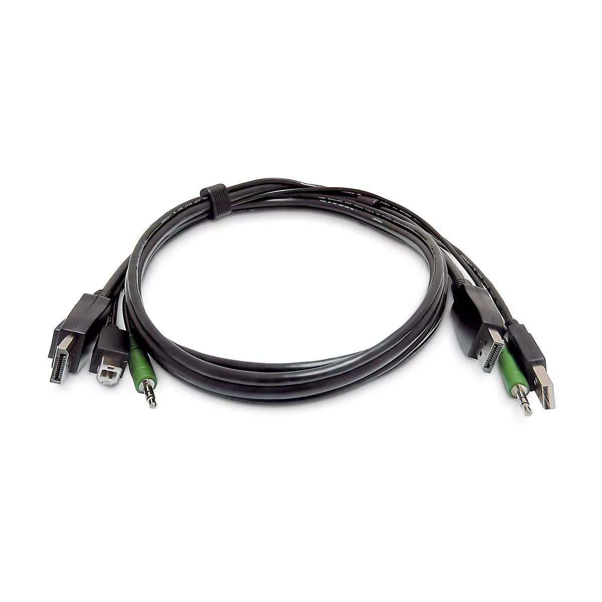 Schwarzes Kabel mit verschiedenen Steckern, HDMI, USB und Klinke, auf weißem Hintergrund.