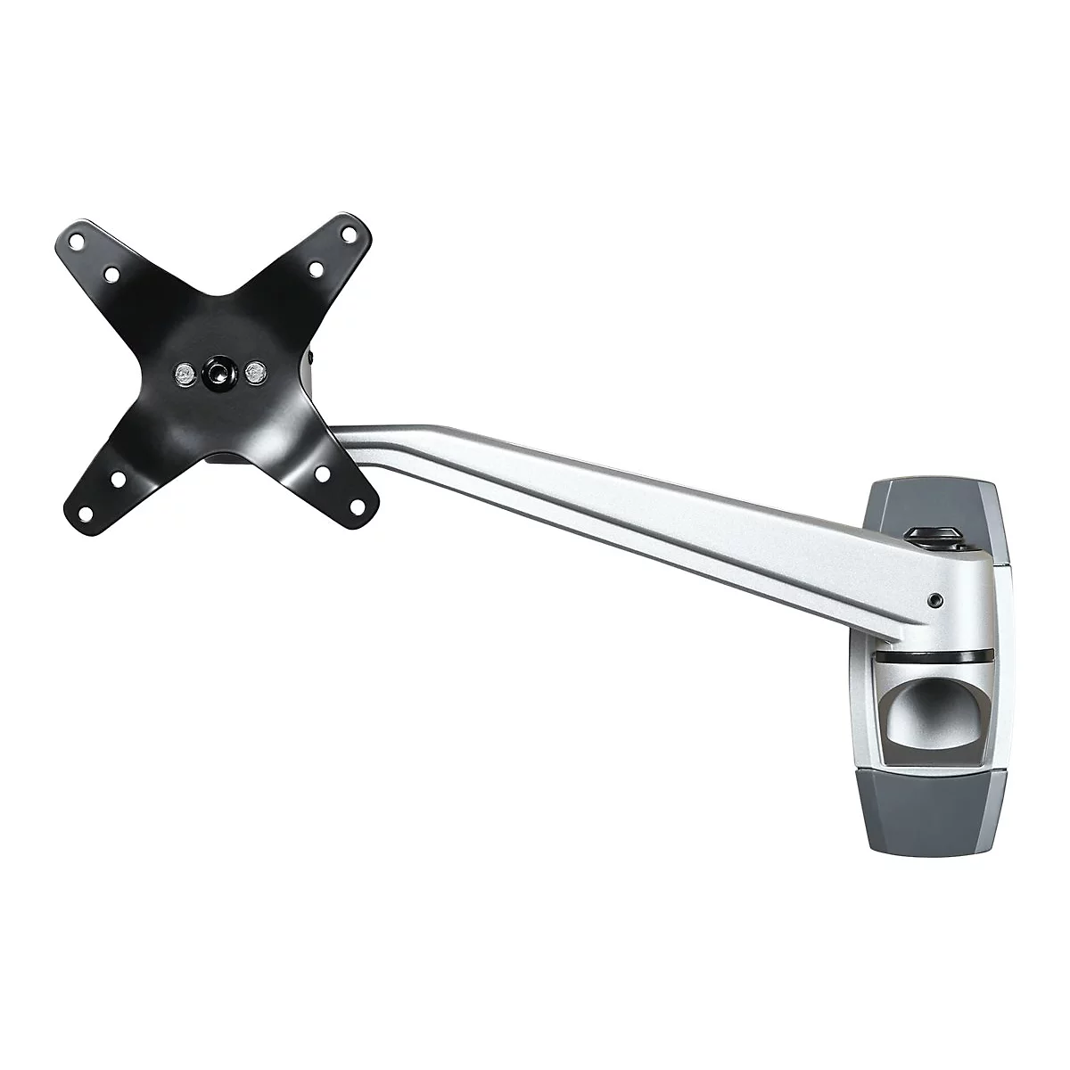 Ein Monitorarm mit silberfarbenem Arm und schwarzem Halterungsteil an der Wand.