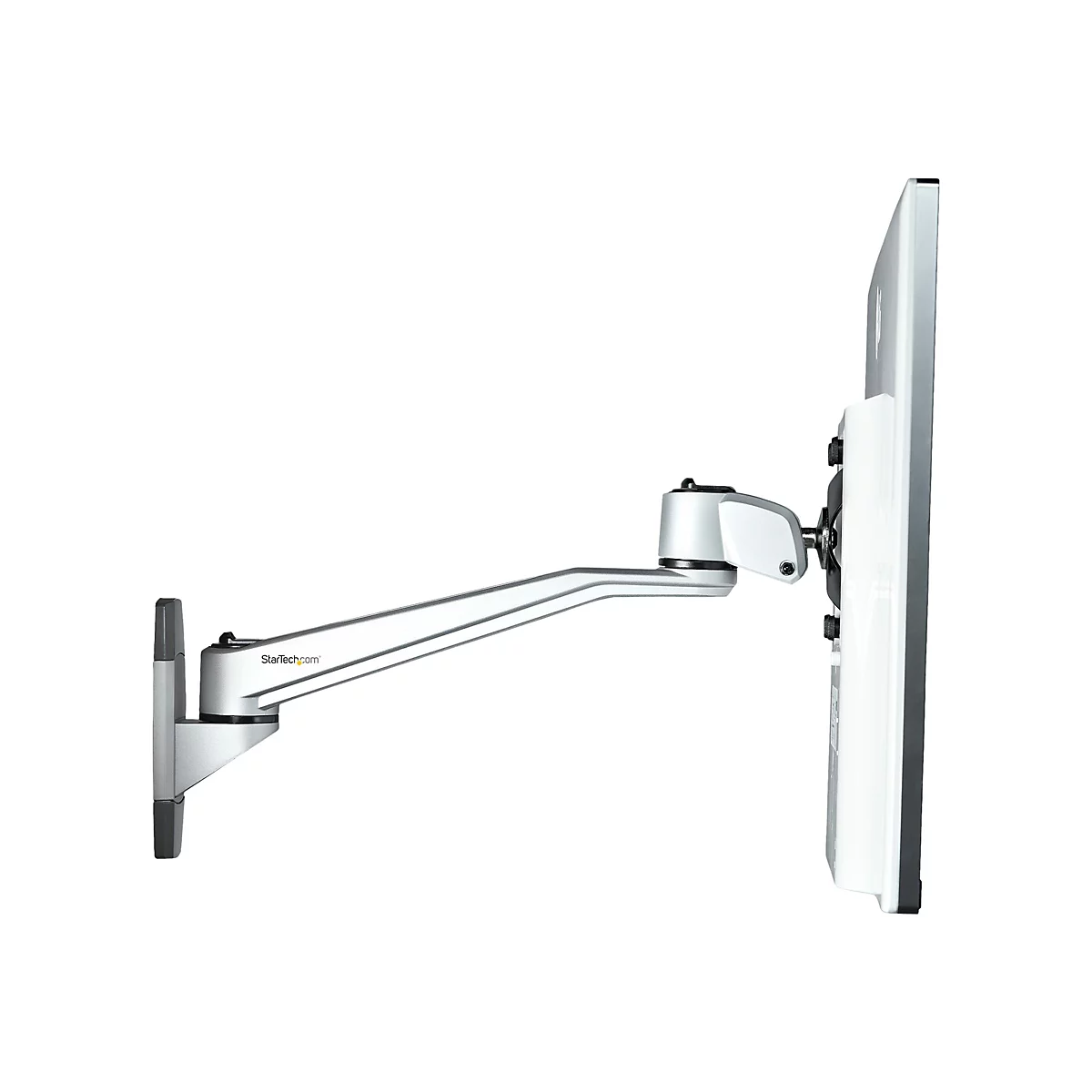 Silberne Monitorhalterung mit Bildschirm an weiÃŸer Wand. Der Arm ist angewinkelt.