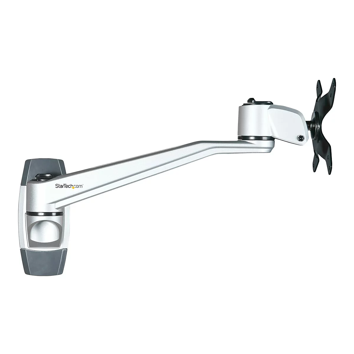 Ein silberner Monitorarm an der Wand mit Halterung und schwarzem Element fÃ¼r den Monitor. Der Arm ist aus Metall und trÃ¤gt den Schriftzug 'StarTech.com'.