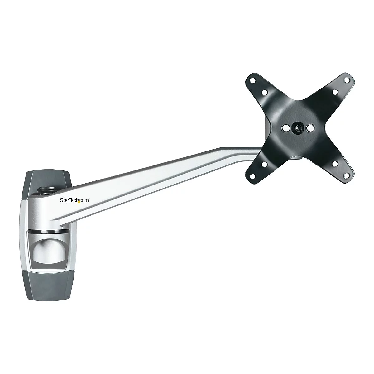 Eine silberfarbene Monitorhalterung, die an der Wand befestigt ist, mit einem schwarzen, sternfÃ¶rmigen Halter fÃ¼r den Bildschirm.