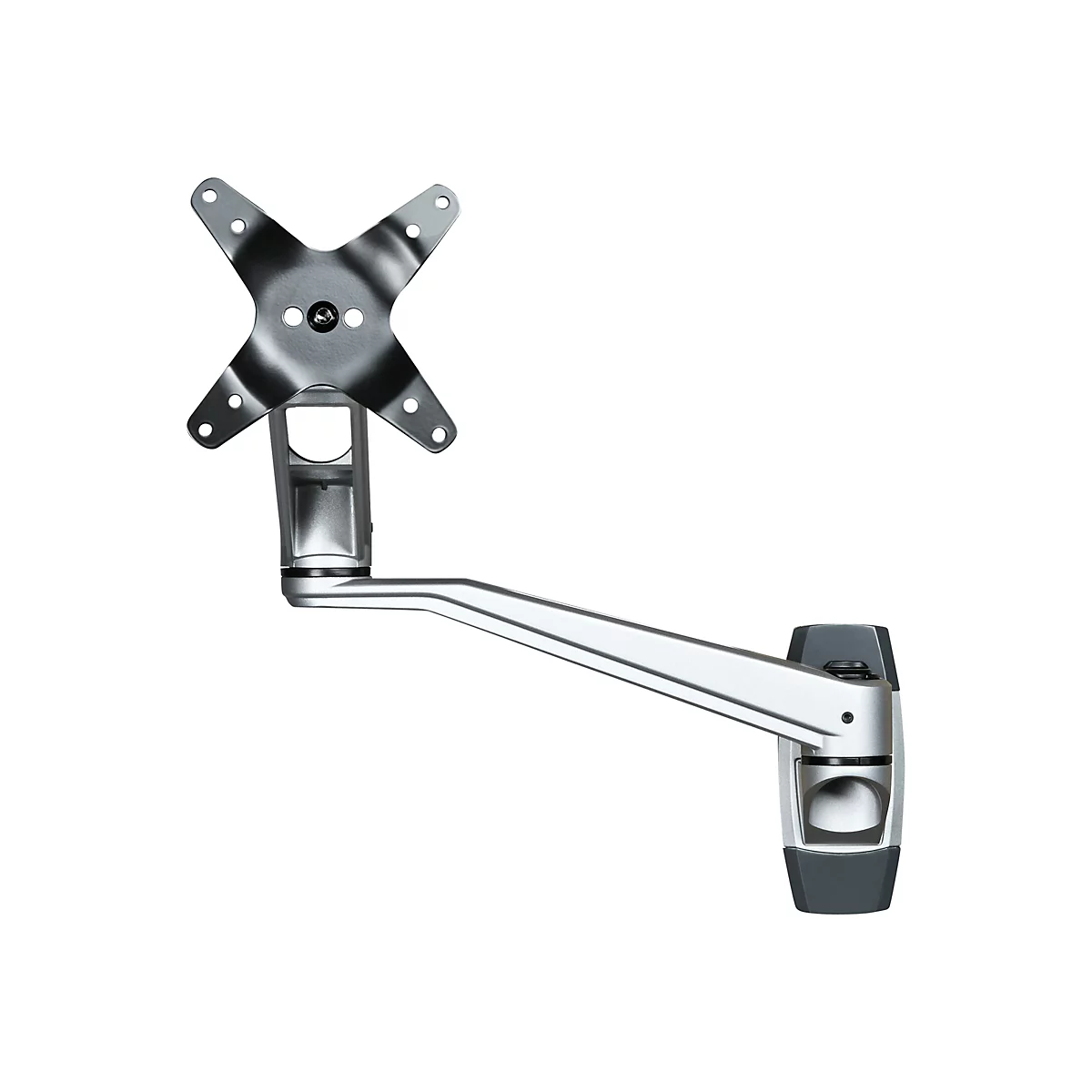 Ein Monitorarm aus Metall, an der Wand montiert. Er hat eine Halterung fÃ¼r den Monitor, einen beweglichen Arm und eine Wandhalterung.