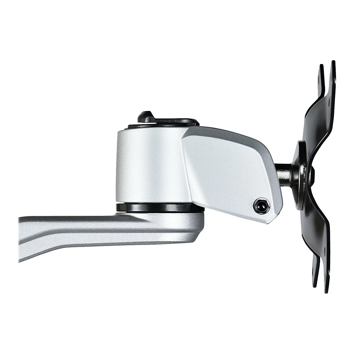 Silberne Monitorhalterung mit schwarzem Halter. Der Bildschirmhalter ist an einem weiÃŸen Hintergrund montiert.