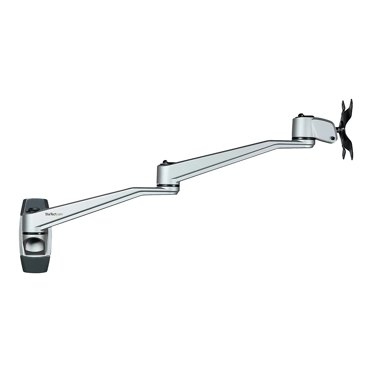 Heller Monitorarm, an der Wand montiert, mit einem schwarzen Monitorhalter.