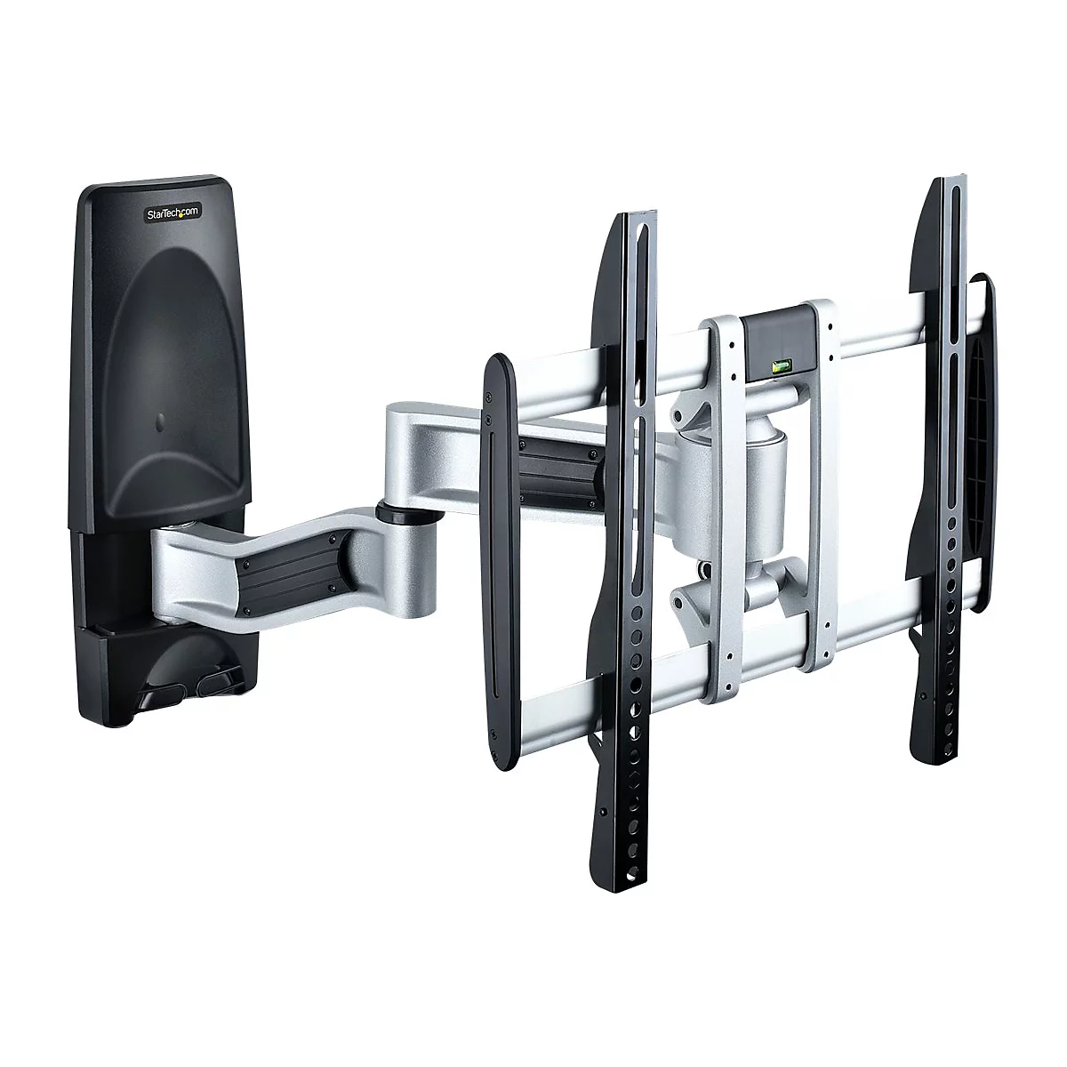 Eine Wandhalterung für einen Fernseher, die aus Metall und Kunststoff besteht, vor weißem Hintergrund. Das Produkt ist teilweise ausgeklappt.