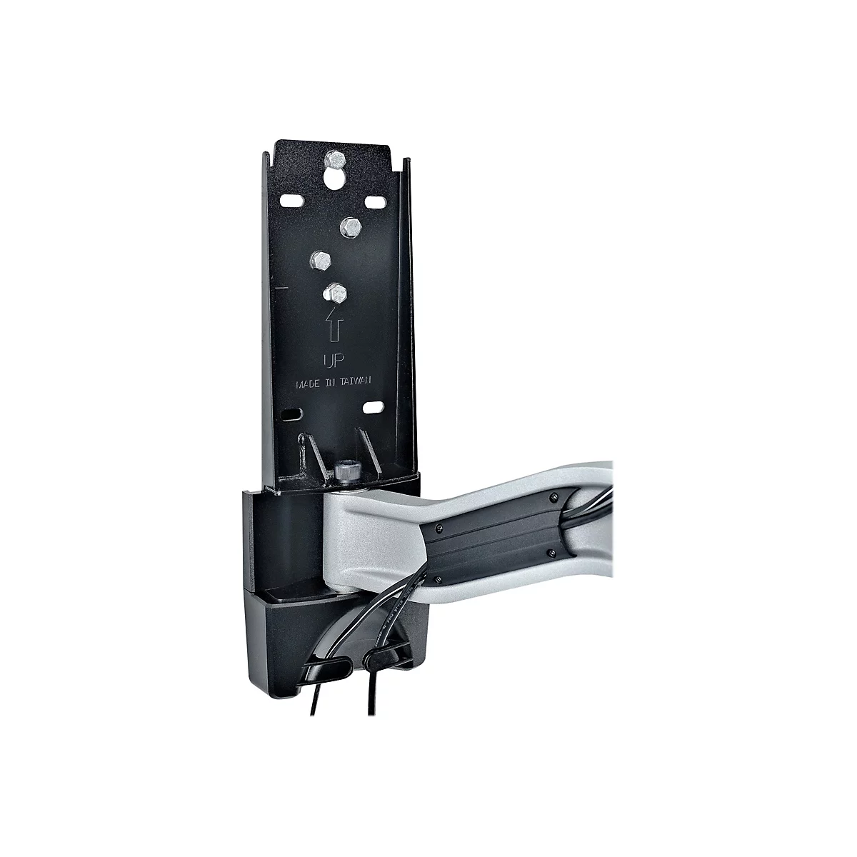 Schwarze Metallhalterung mit grauem Gelenk. Aufschrift 'UP' und 'MADE IN TAIWAN'. Schrauben fixieren die Elemente.