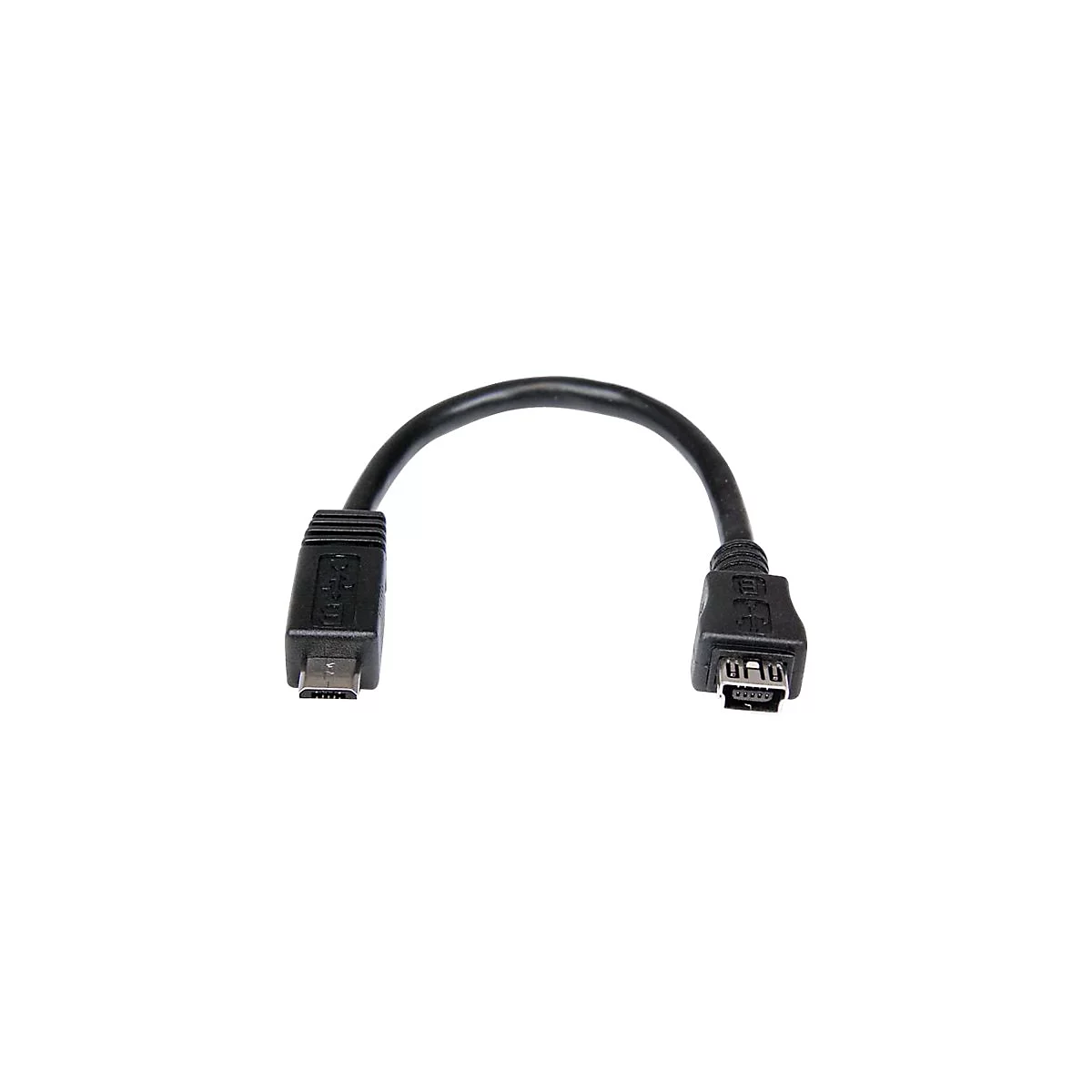 Câble USB noir, courbé d'un connecteur à l'autre.