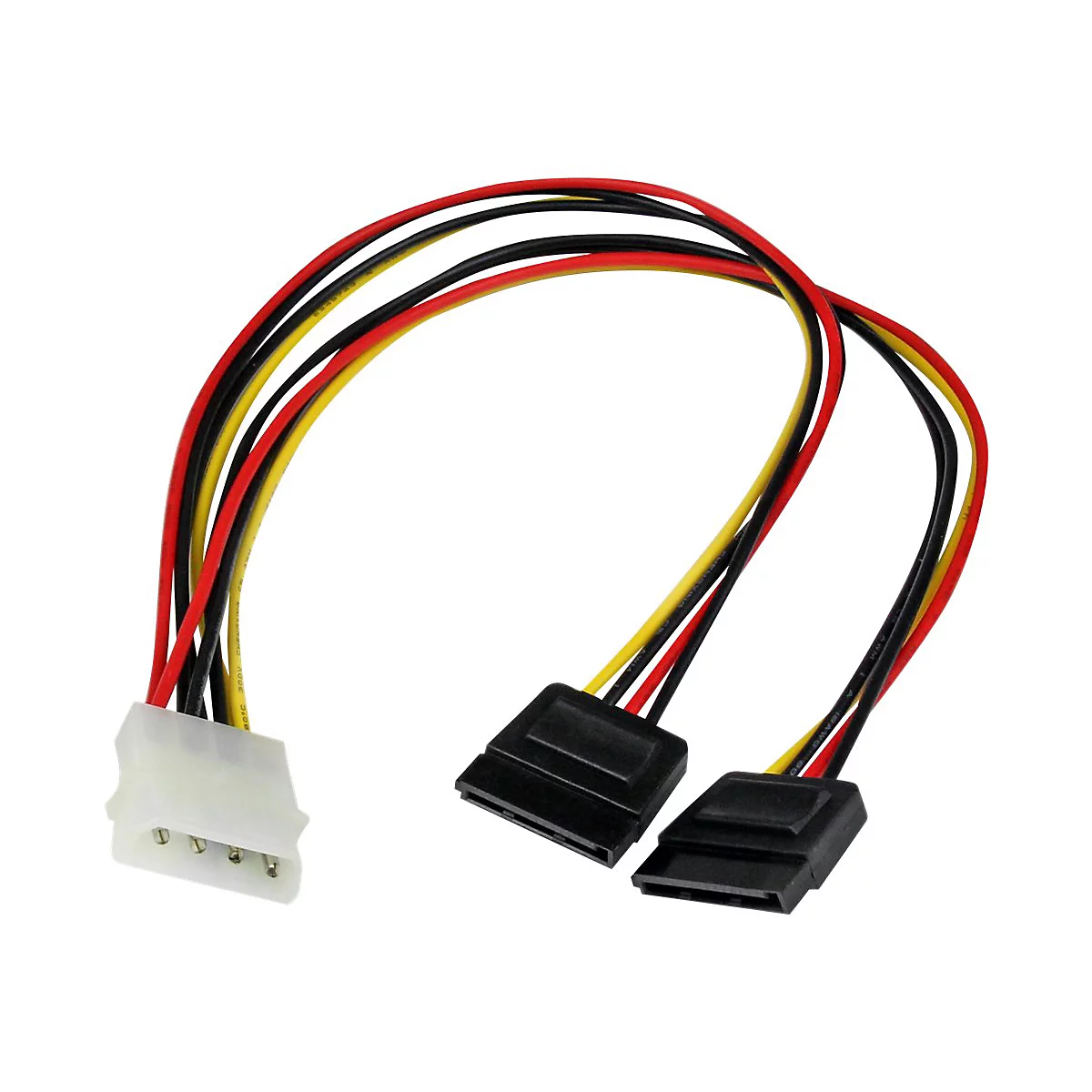 Un câble d'alimentation SATA, allant d'un connecteur molex à 4 broches à deux connecteurs d'alimentation SATA. Les fils sont rouges, noirs et jaunes.