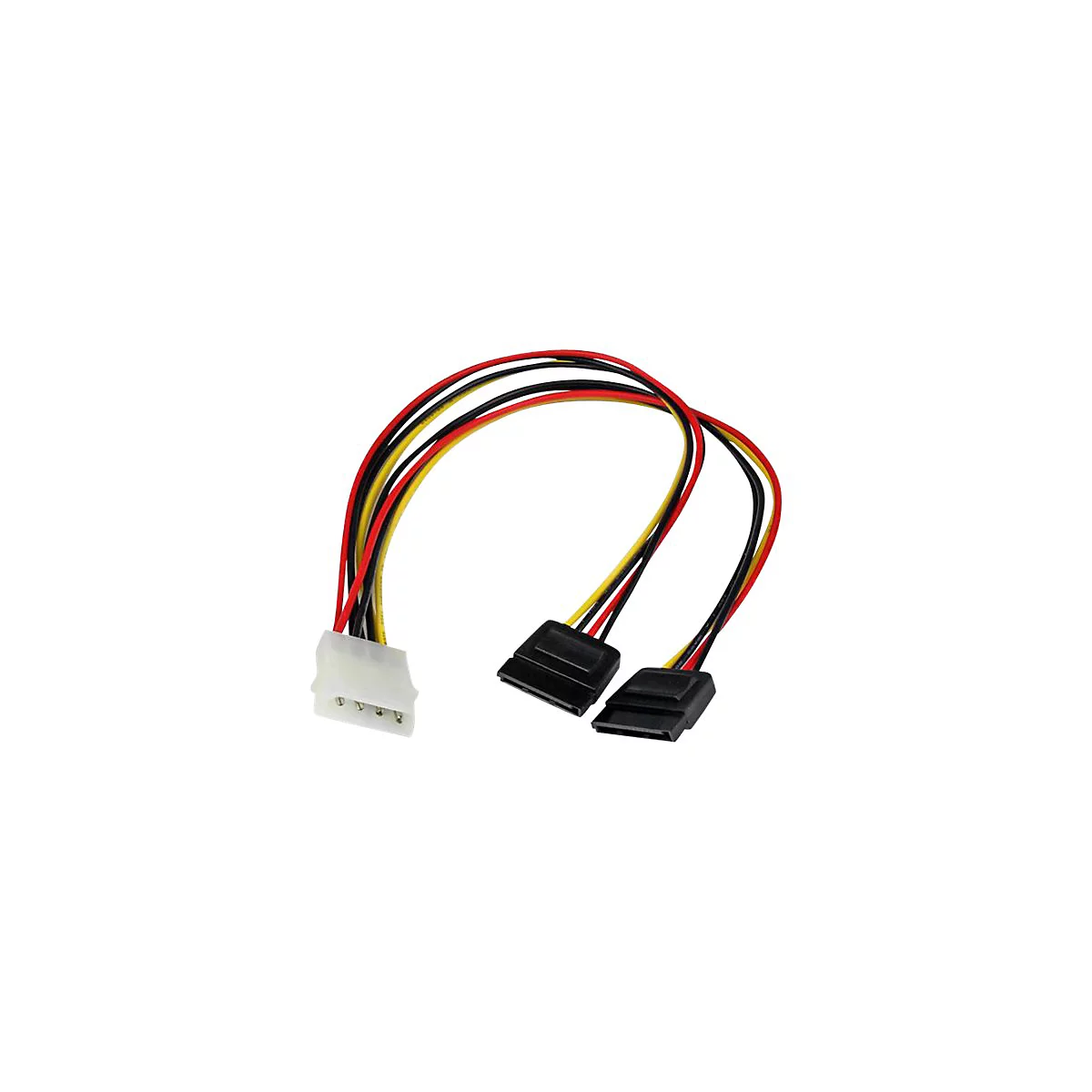 Un adaptateur de câble d'alimentation pour disques durs SATA. Connecteurs noirs et câbles avec câblage rouge, jaune et noir.