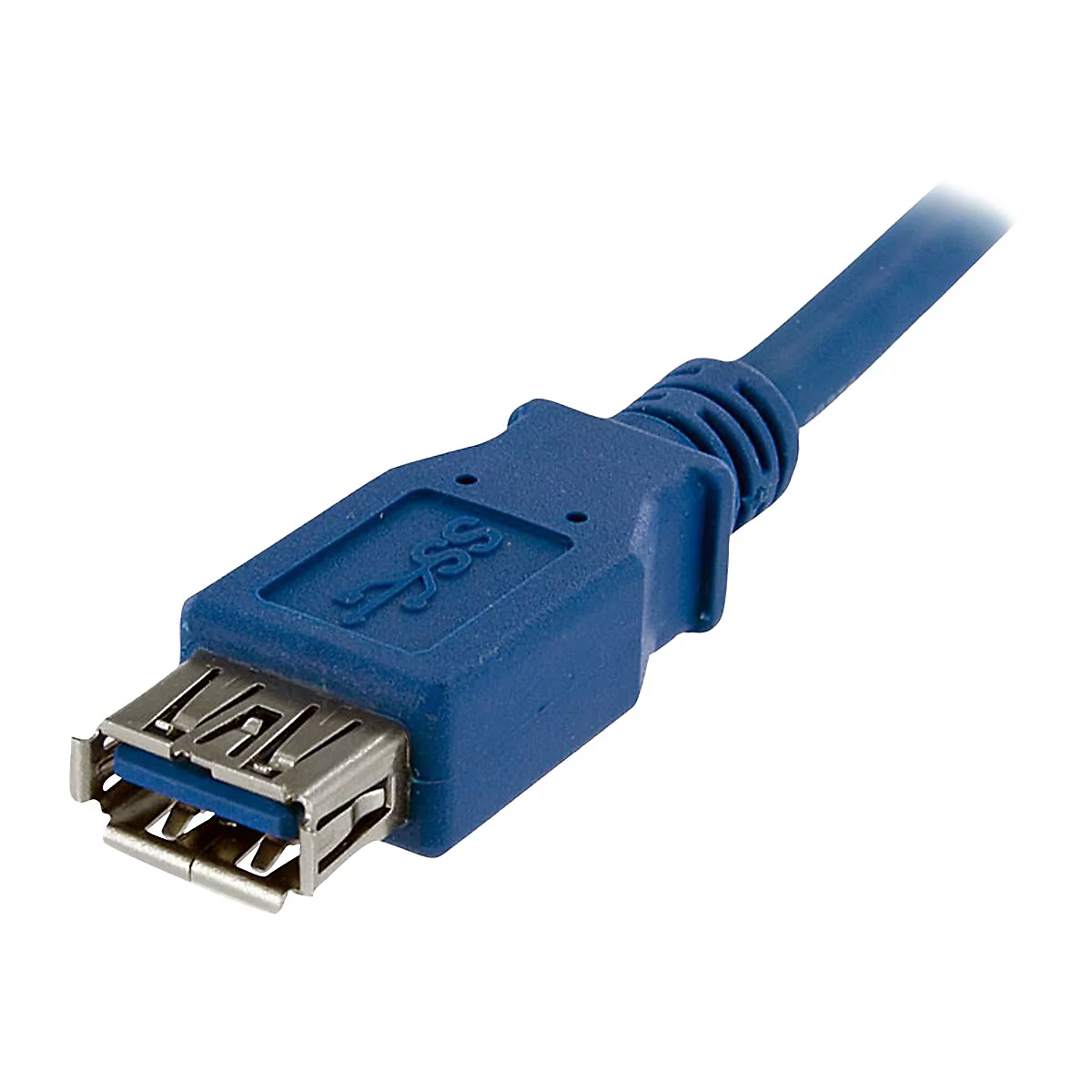 Gros plan sur un câble USB 3.0 bleu, avec le symbole USB et un connecteur métallique.