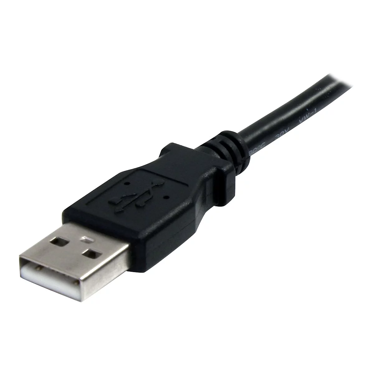 Un câble USB noir avec connecteur en métal. Le câble se rétrécit jusqu'à une prise avec le symbole USB.