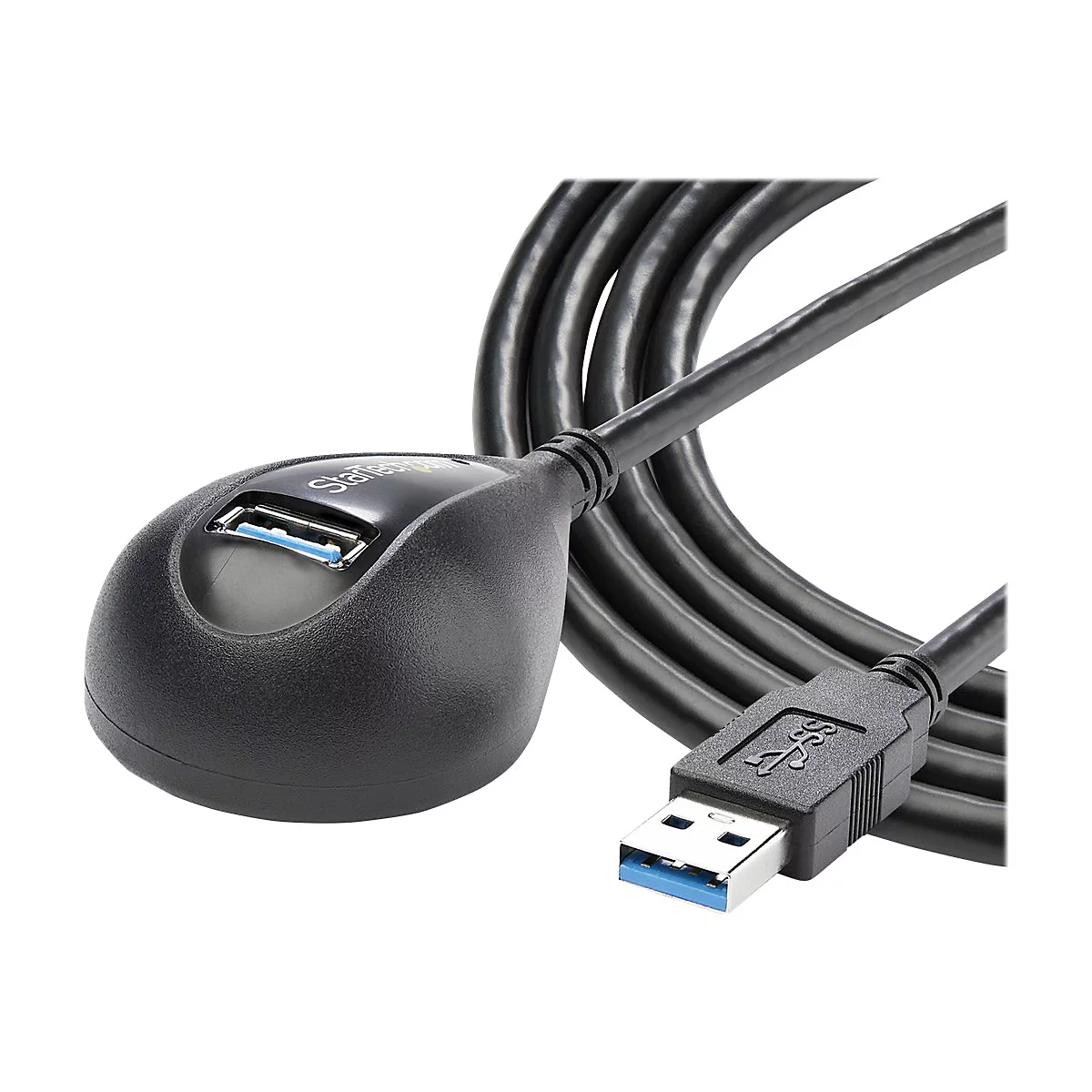 Câble d'extension USB noir avec un connecteur USB-A et un hub avec un port USB. Le câble est enroulé.