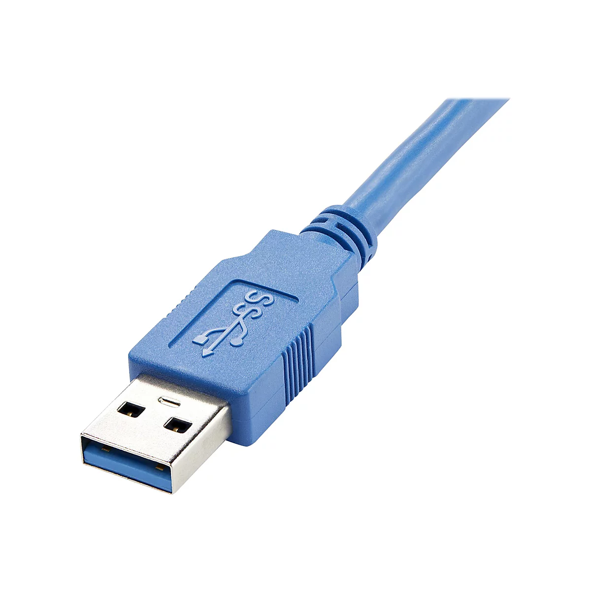 Câble USB bleu avec connecteur. Le symbole USB est sur le connecteur.