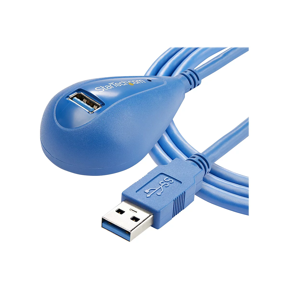 Câble d'extension USB bleu avec connecteurs femelle et mâle USB-A. Le logo USB est sur le connecteur. Le câble porte l'inscription StarTech.com.