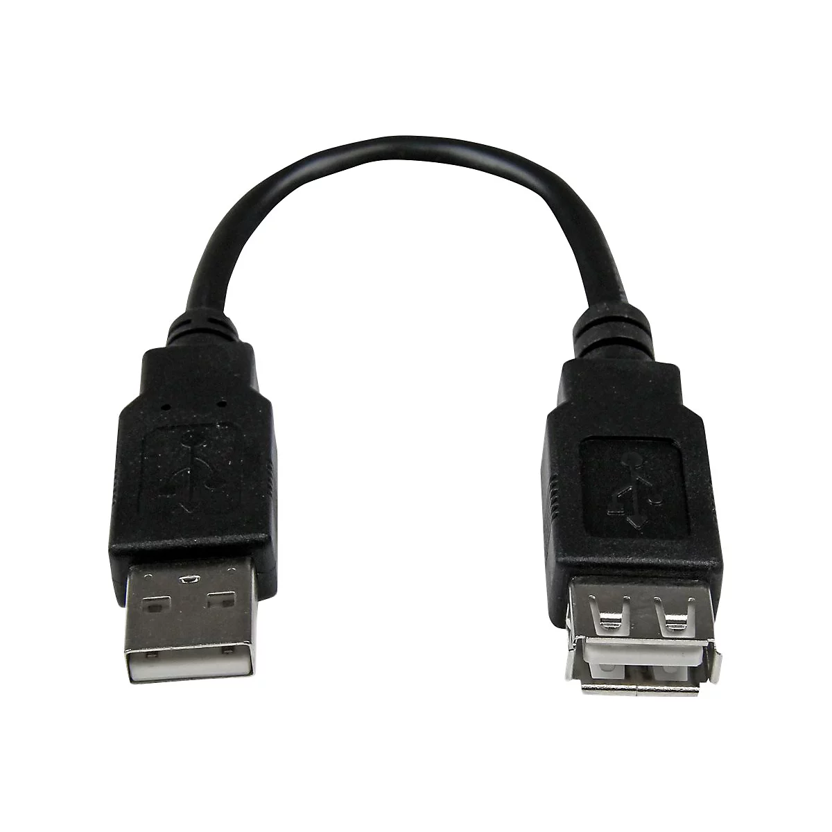 Câble USB noir avec connecteur USB-A et USB-B, isolé sur fond blanc.