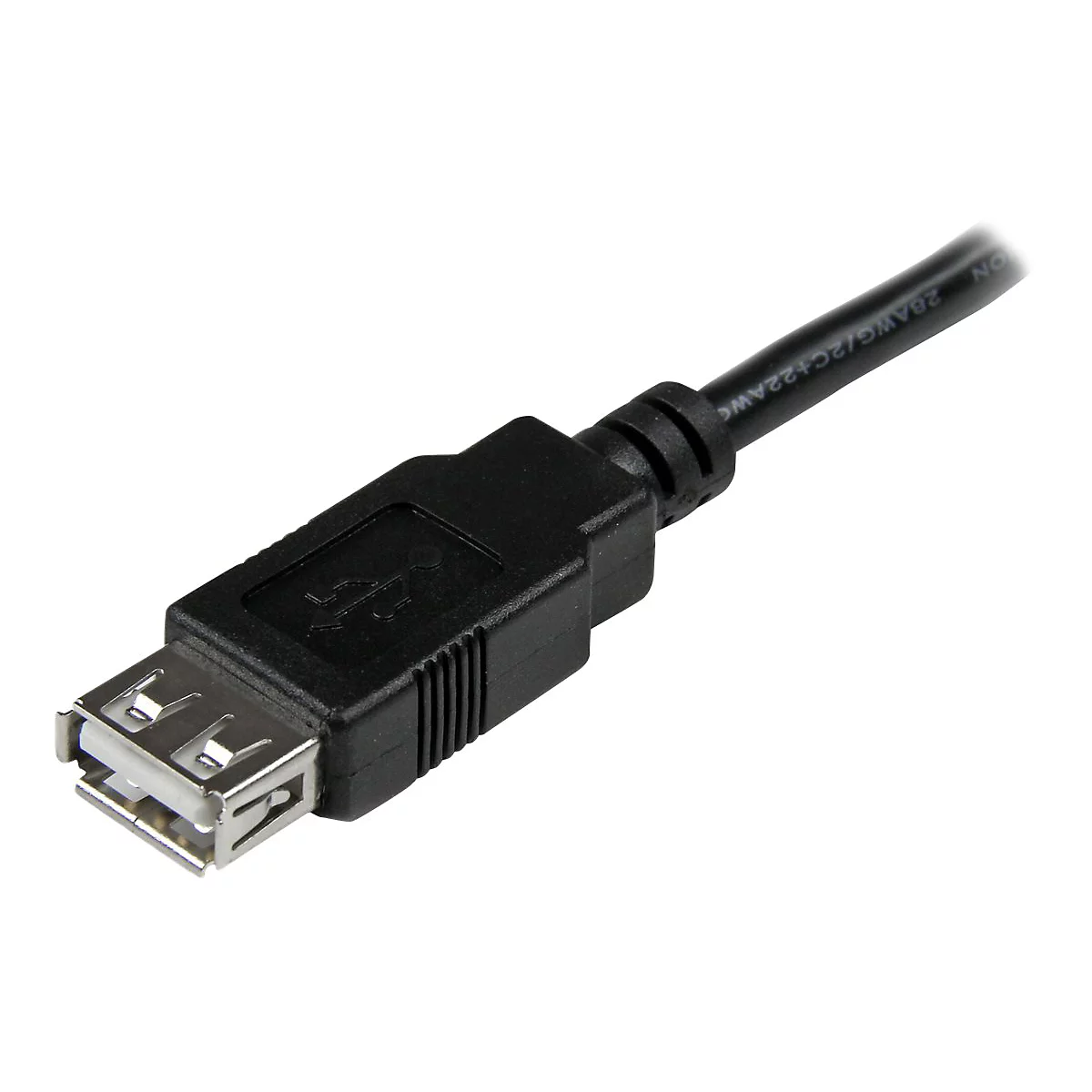 Câble USB noir, gros plan. Prise avec symbole USB. Inscription : 28AWG/2C+22AWG.