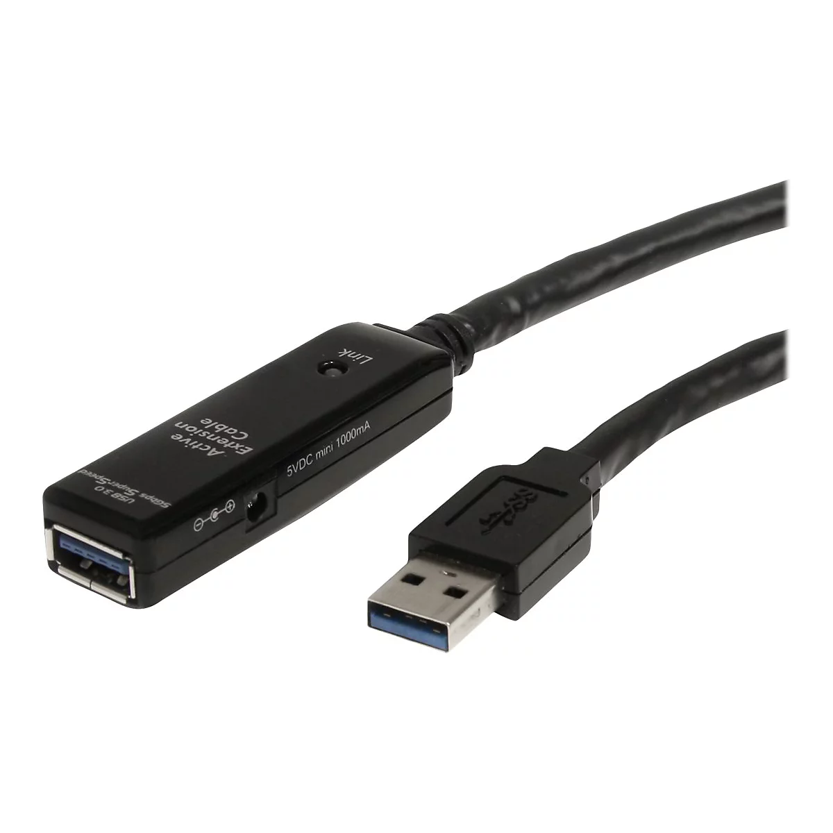 Câble d'extension USB 3.0 noir, étiqueté 'Active Extension Cable.' Comporte une prise et une prise USB-A.