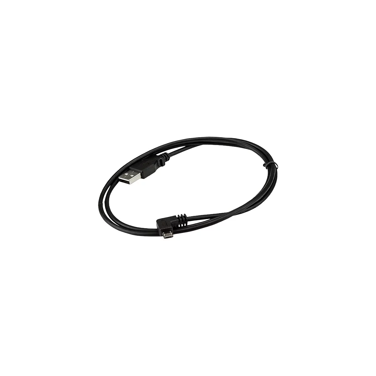 Câble USB noir, enroulé, avec un connecteur USB-A standard et un connecteur micro-USB-B.