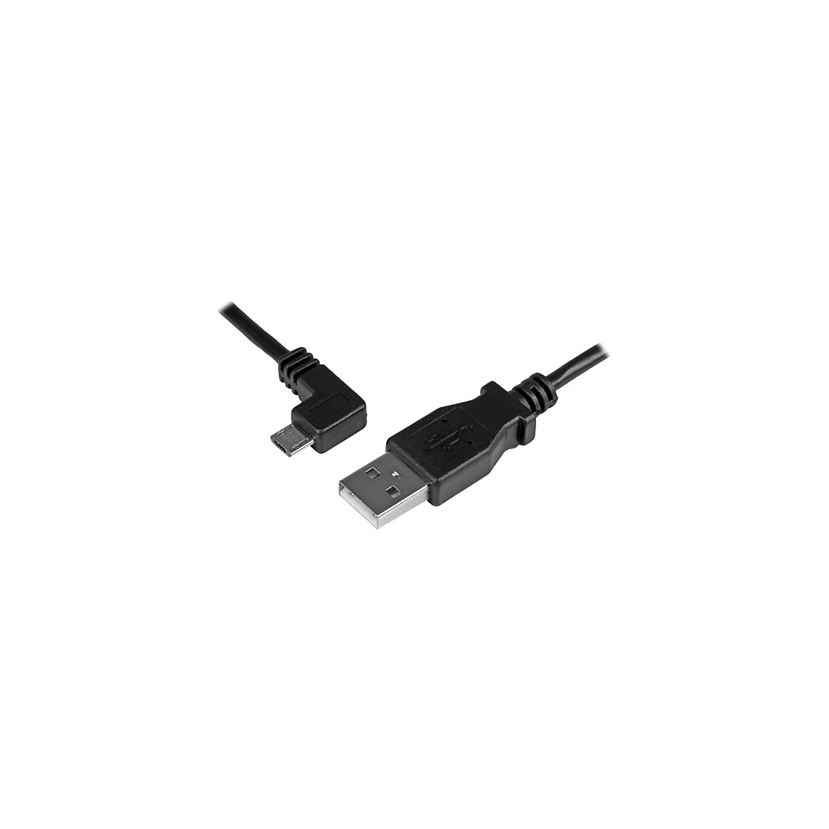 Un câble USB noir avec des connecteurs micro-USB et USB-A. Le connecteur micro-USB est coudé.