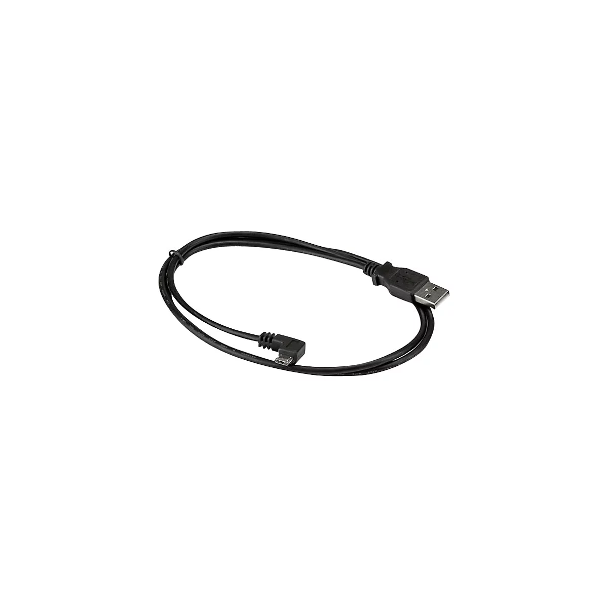 Un câble USB noir, enroulé sur fond blanc. Les deux extrémités sont visibles.