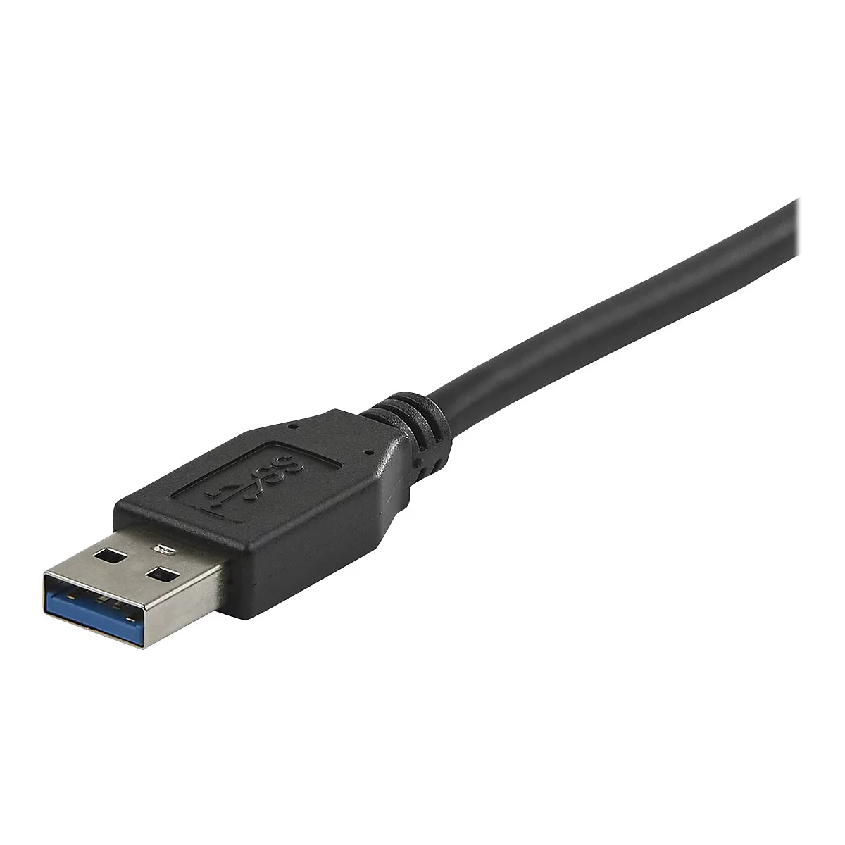 Câble USB noir avec intérieur bleu. Le connecteur est visible en détail.