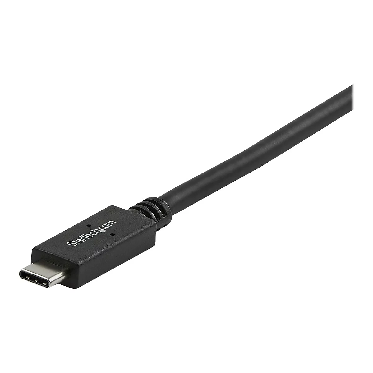 Un câble USB-C noir de StarTech.com. La prise est montrée en détail.