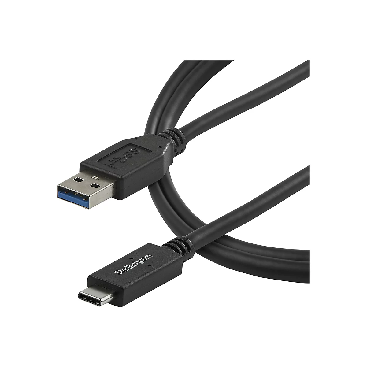 Câble USB noir avec connecteur USB-A et USB-C, fabriqué par StarTech.com.
