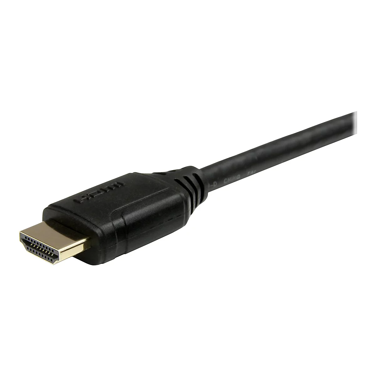 Gros plan d'un câble HDMI noir avec un connecteur doré. Le câble porte la mention HDMI et une indication de fabrication.