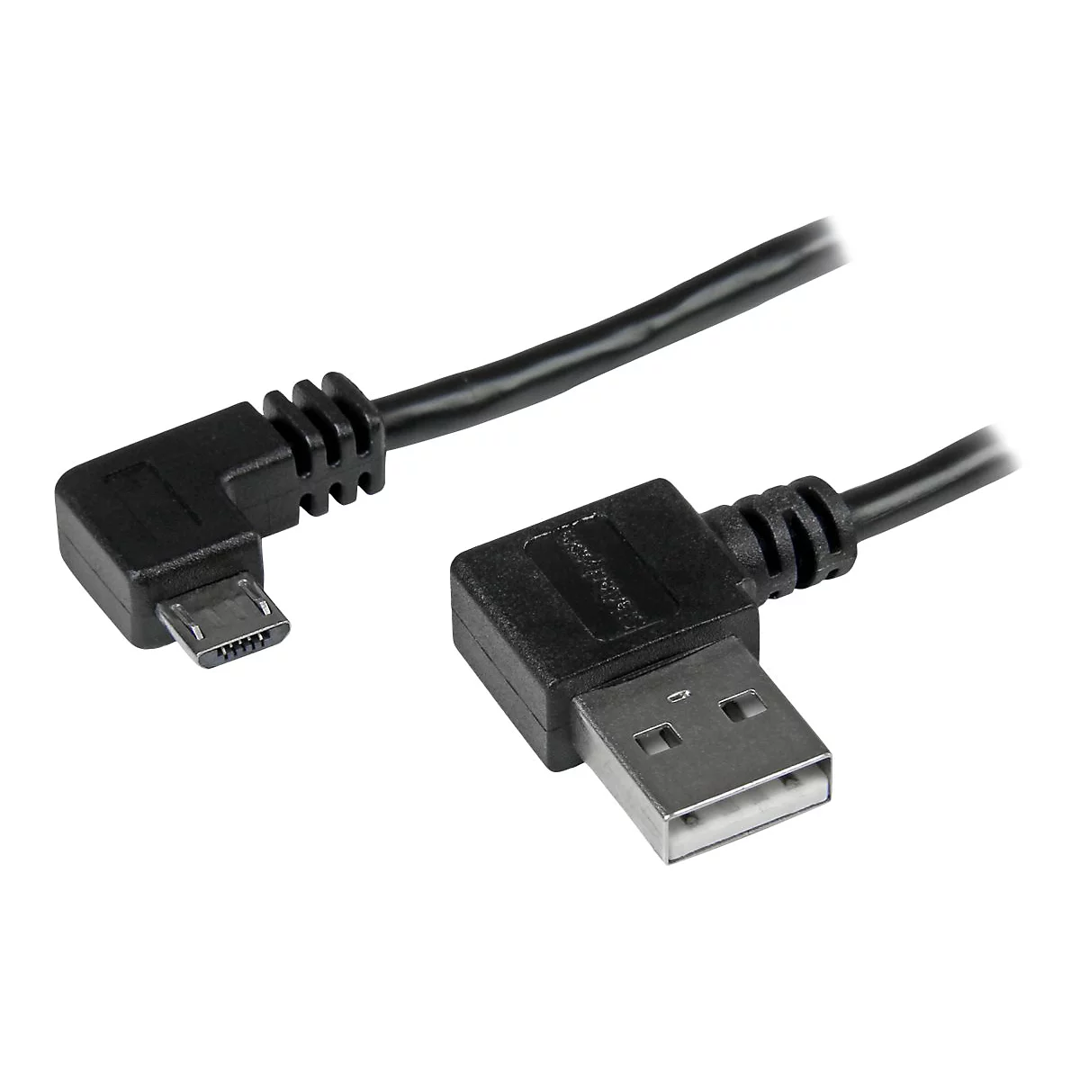 Câble USB noir avec connecteurs coudés. Un connecteur est micro-USB, l'autre est USB-A.
