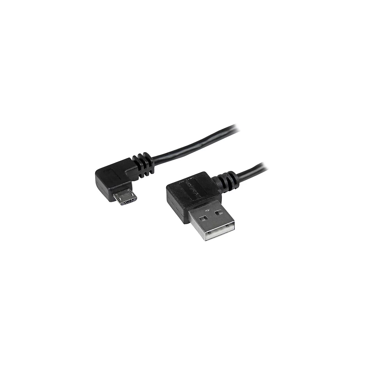Câble USB noir avec connecteur micro-USB et USB-A. Connecteurs coudés pour une utilisation pratique.
