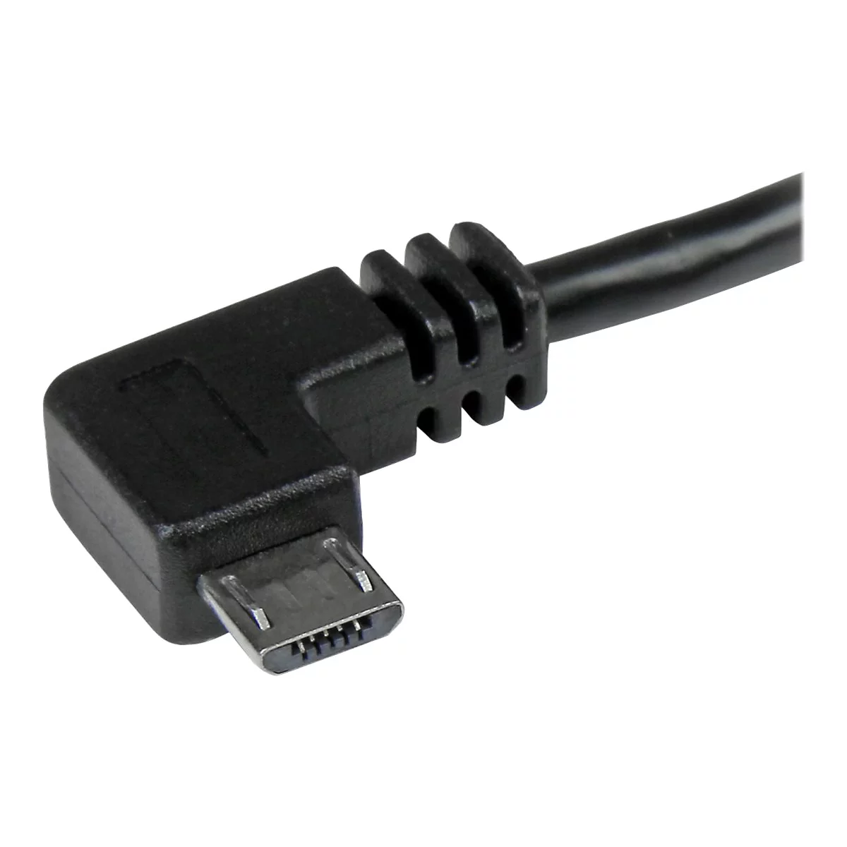 Un câble micro-USB noir avec un connecteur coudé. Le connecteur est montré en détail.