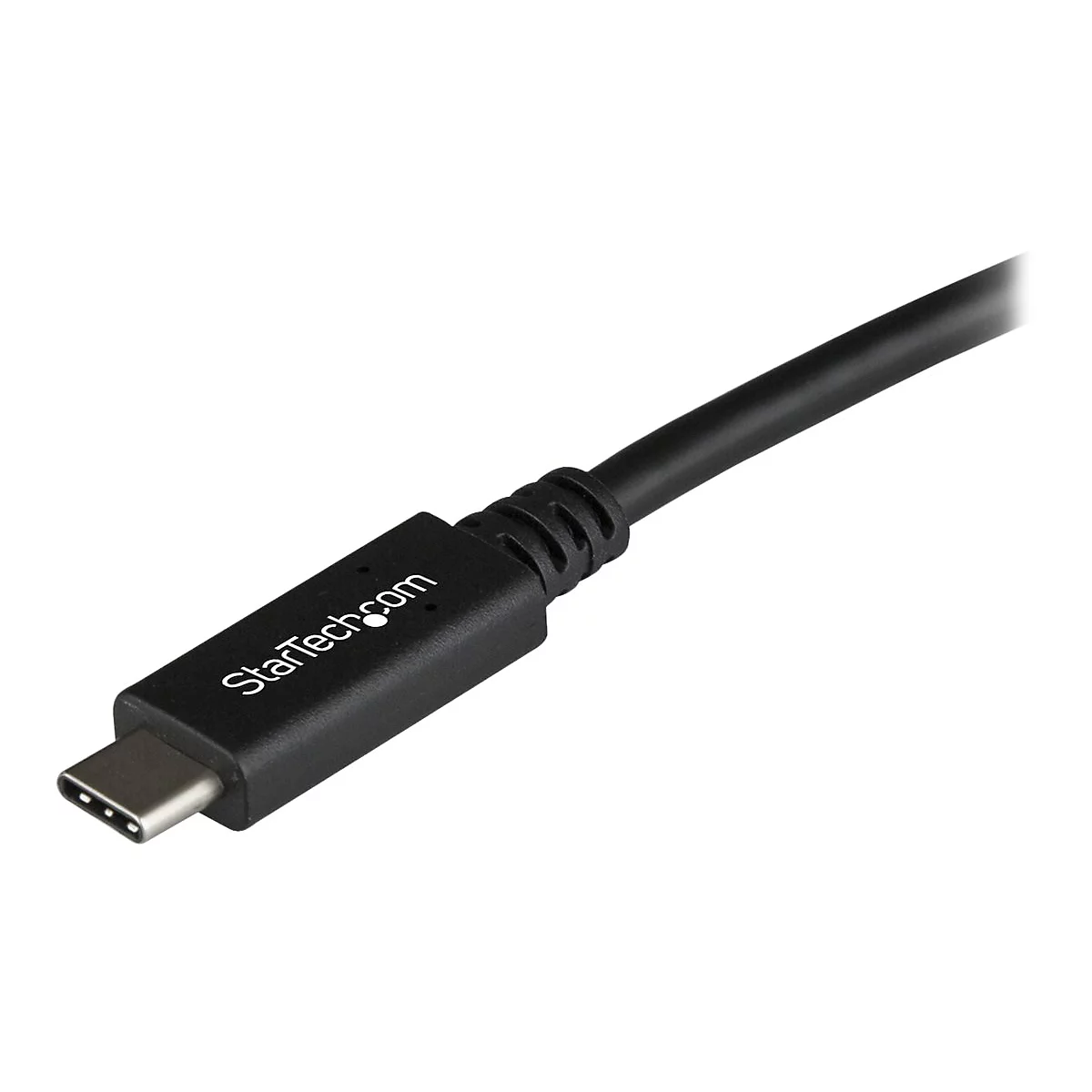 Câble USB-C noir, logo StarTech.com. La prise est montrée en détail.