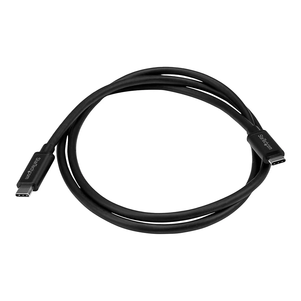 Un câble USB-C noir, enroulé en forme de cercle, avec le logo 'Startech.com' sur les connecteurs.