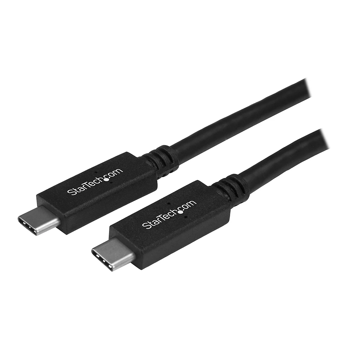 Deux câbles USB-C noirs avec le logo StarTech.com, sur fond blanc. Les connecteurs sont clairement visibles.