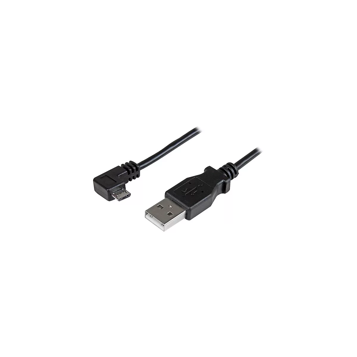 Un câble USB noir avec un connecteur micro USB coudé et un connecteur USB standard sur fond blanc.