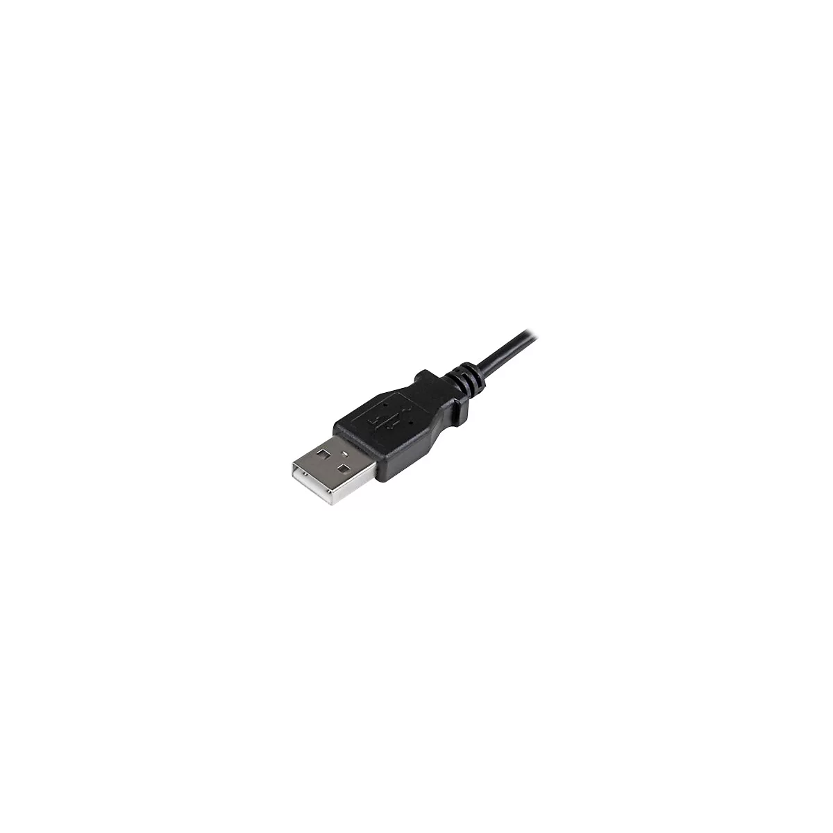 Gros plan d'un câble USB noir, connecteur avec éléments métalliques.