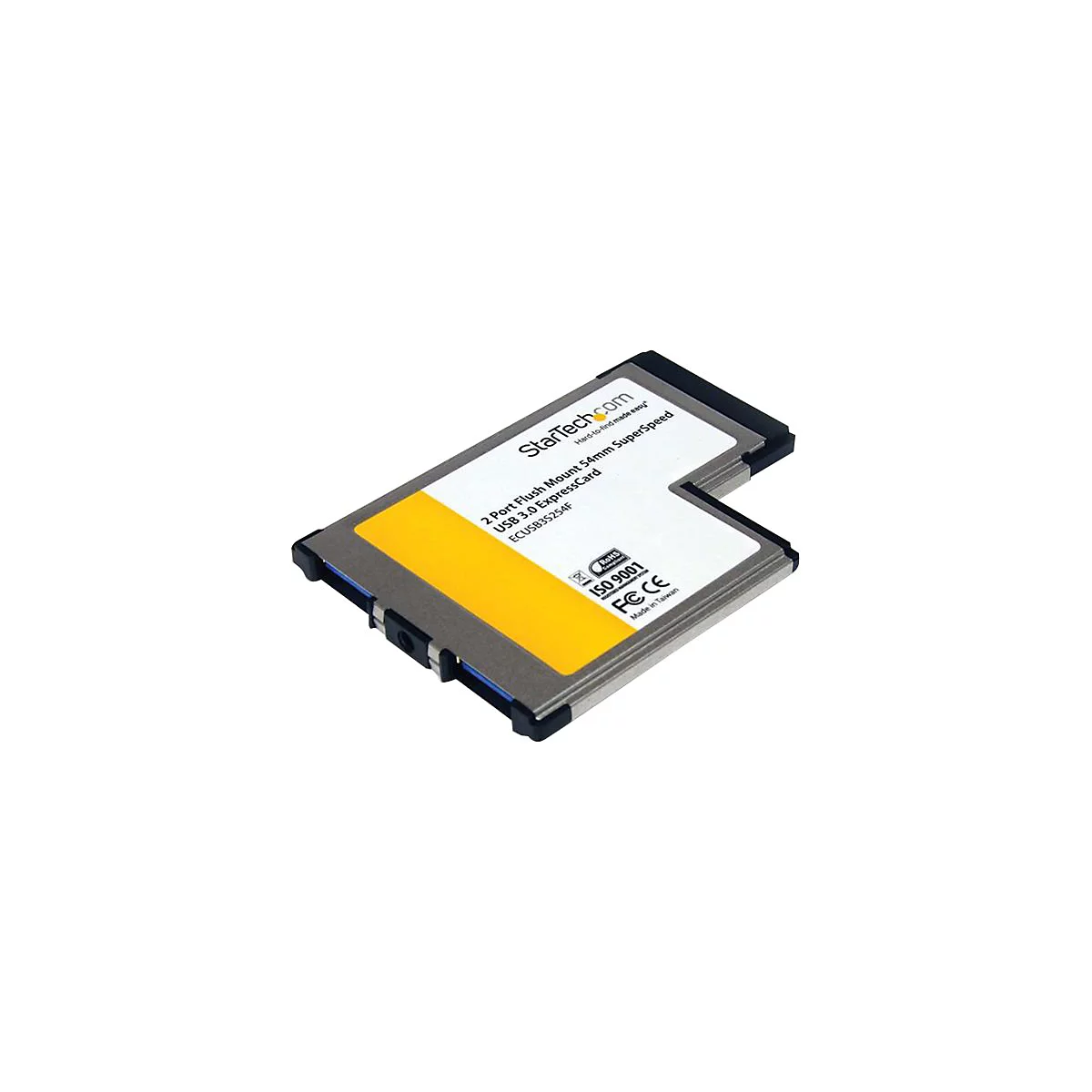 Une carte ExpressCard USB 3.0 grise de StarTech.com avec accent jaune, texte et logo.