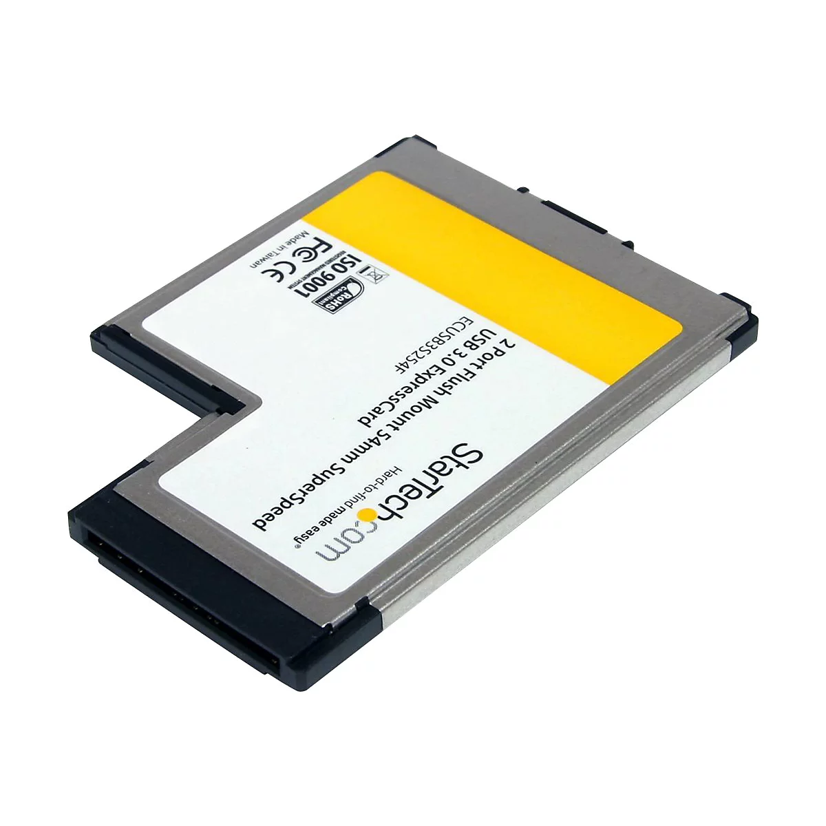 Une carte ExpressCard USB 3.0 grise et noire de StarTech.com. La carte indique "2 Port Flush Mount 54mm SuperSpeed" et d'autres informations.