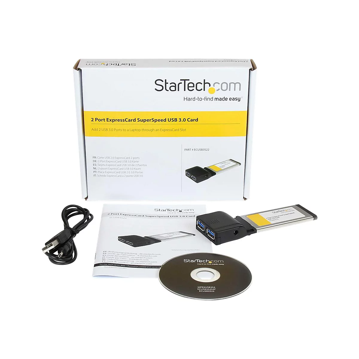 Une photo produit montre une carte StarTech.com 2 ports ExpressCard SuperSpeed USB 3.0 avec accessoires, sur fond blanc. L'emballage est visible avec le nom du produit et le logo.