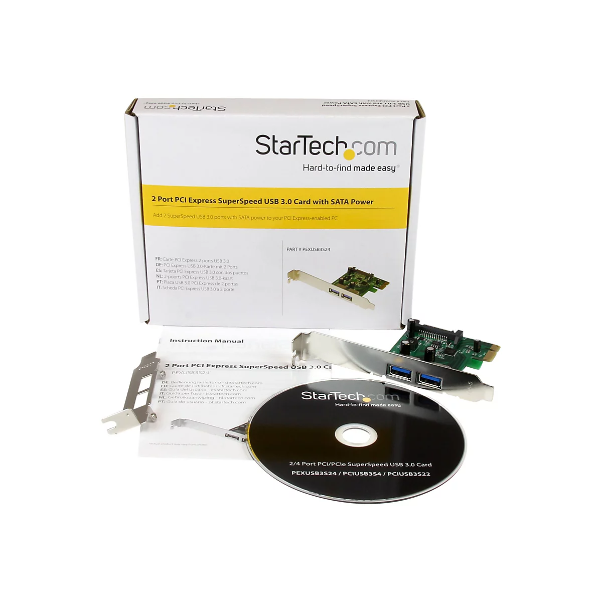 Une boîte ouverte montrant un kit de carte StarTech USB 3.0 et des accessoires placés sur un fond blanc.