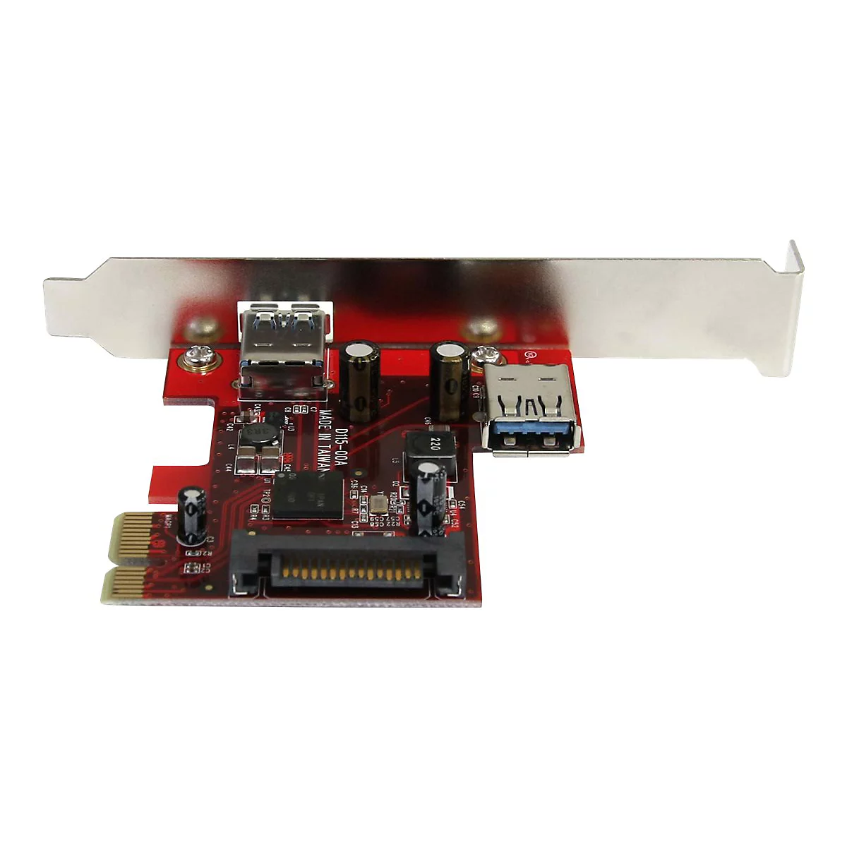 Carte d'ordinateur rouge avec ports, ports USB, support métallique. Imprimé : D115-00A. Fond blanc.